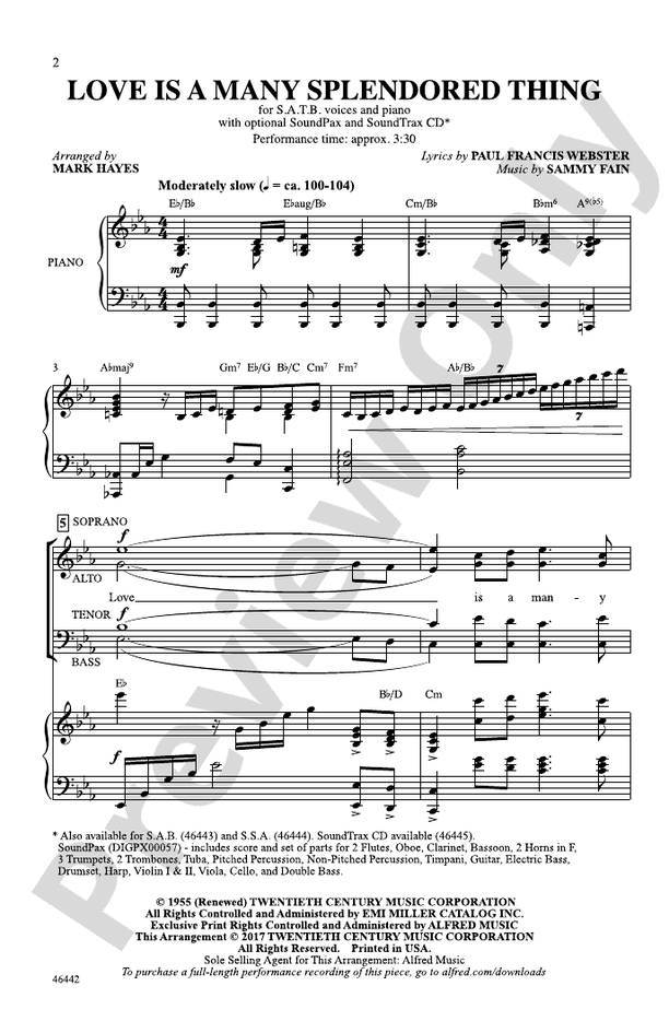 Love Is a Many Splendored Thing - Arr. Mark Hayes – SATB Choral Octavo (Digital Download)