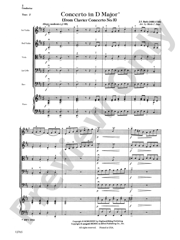 Concerto in D Major (from Clavier Concerto No. 3) – String Orchestra Conductor Score & Parts (Digital Download)