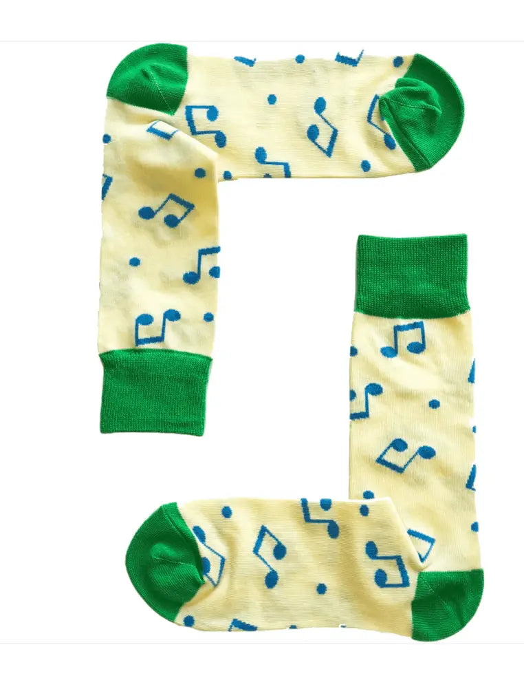 Unisex Music Socks Yellow with Green Trim and Blue Notes Size 6-11
