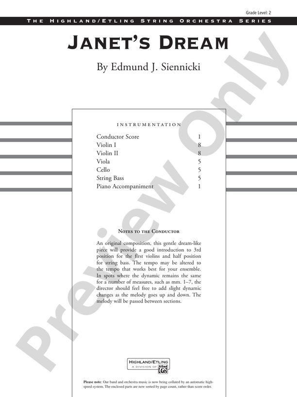 Janet's Dream – String Orchestra Conductor Score & Parts (Digital Download)