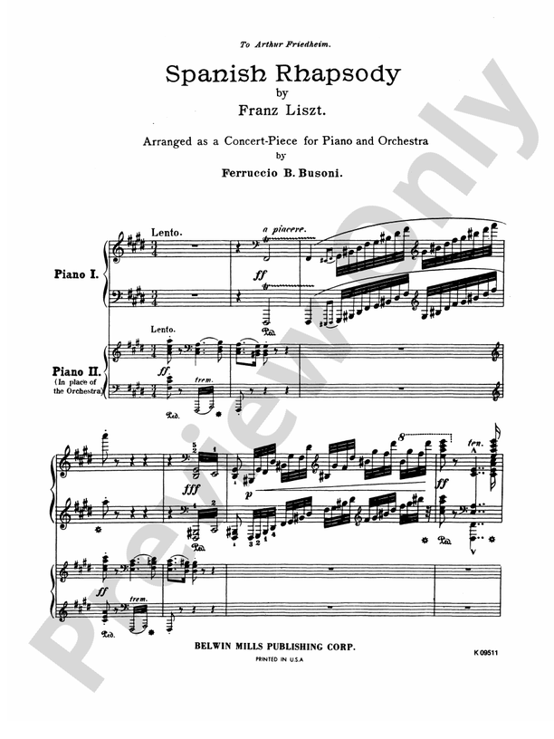Liszt - Spanish Rhapsody - Arr. Feruccio Busoni - 2 Piano, 4 Hands - TWO Copies required - (Digital Download)
