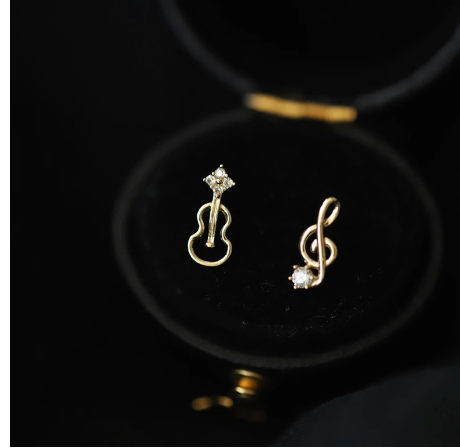 Sterling Silver 14ct Gold Plated Stud Earrings Violin and Treble Clef with a Diamonte