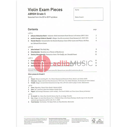 Violin Exam Pieces Grade 5, 2016-2019 - Score and Part - Various - Violin ABRSM