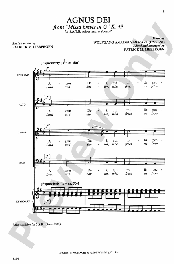 Agnus Dei (from Missa Brevis in G) - SATB Choral Octavo (Digital Download)