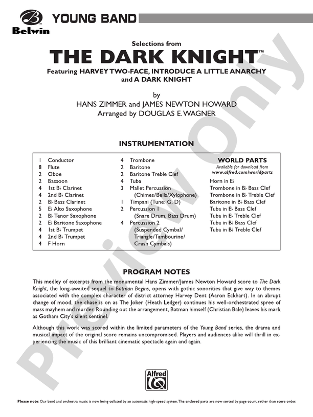 The Dark Knight, Selections from - Concert Band Conductor Score & Parts (Digital Download)