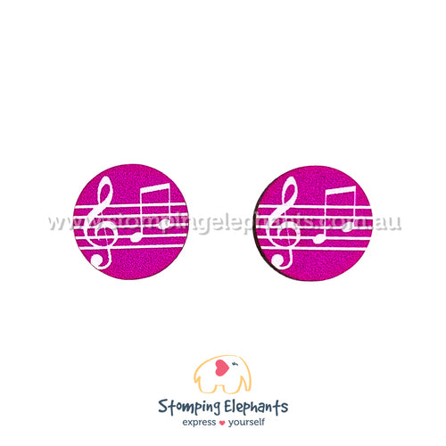 Stomping Elephant Music Stud Earrings Wooden Pink with White Manuscript The Musical Earrings