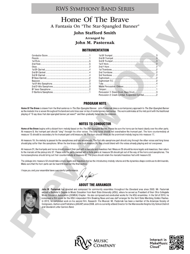 Home of the Brave - A Fantasia on "The Star Spangled Banner" - Concert Band Conductor Score & Parts (Digital Download)