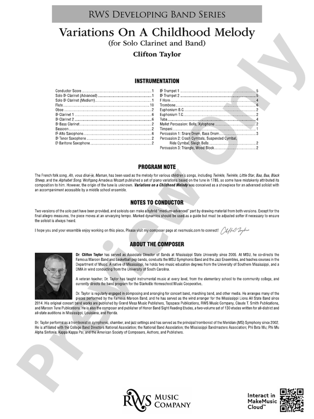 Variation On A Childhood Melody (for Solo Clarinet and Band) - Concert Band Conductor Score & Parts(Digital Download)