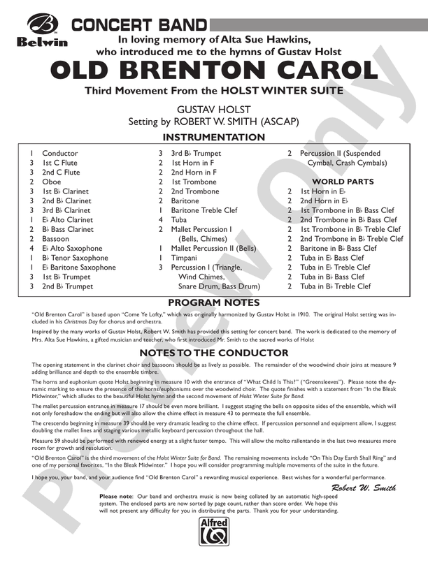 Old Brenton Carol (from the Holst Winter Suite) - Concert Band Conductor Score & Parts (Digital Download)
