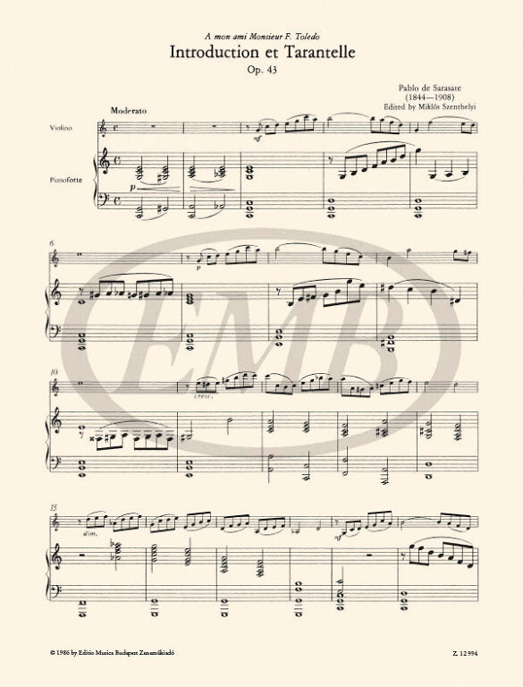 Sarasate - Introduction & Tarantella Op43 - Violin/Piano Accompaniment EMB Z12994