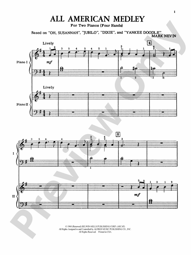 All American Medley: Based on "Oh, Susannah", "Jubilo", "Dixie" and "Yankee Doodle" - 2 Pianos, 4 Hands (Digital Download)