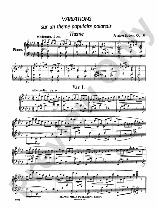 Liadov - Variations sur un Theme Populaire Polonais - Piano Solo (Digital Download)