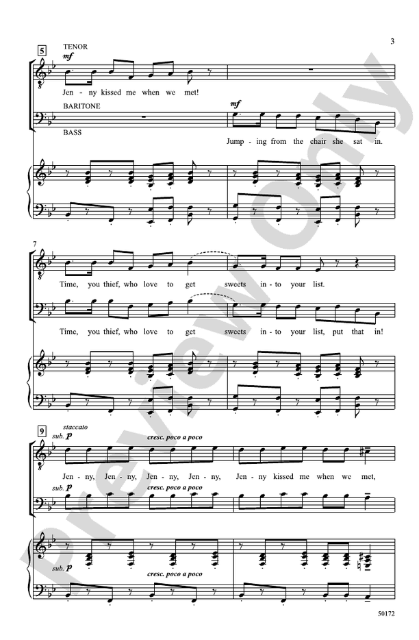 Jenny Kissed Me - TTB Choral Octavo (Digital Download)