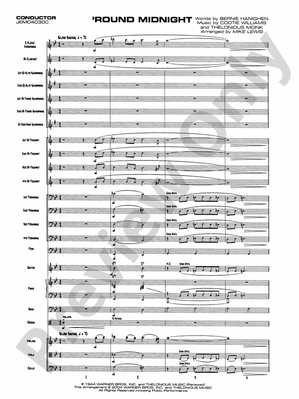 Round Midnight (Arr. Mike Lewis) - Jazz Ensemble Conductor Score & Parts (Digital Download)