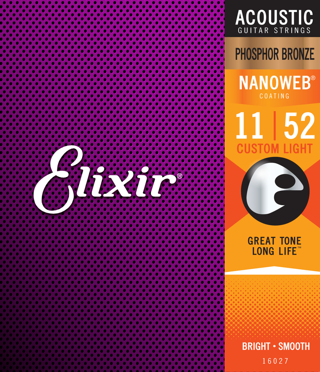 Elixir 16027 Nanoweb Phosphor Bronze Acoustic Guitar String Set Custom Light 11-52 Gauge