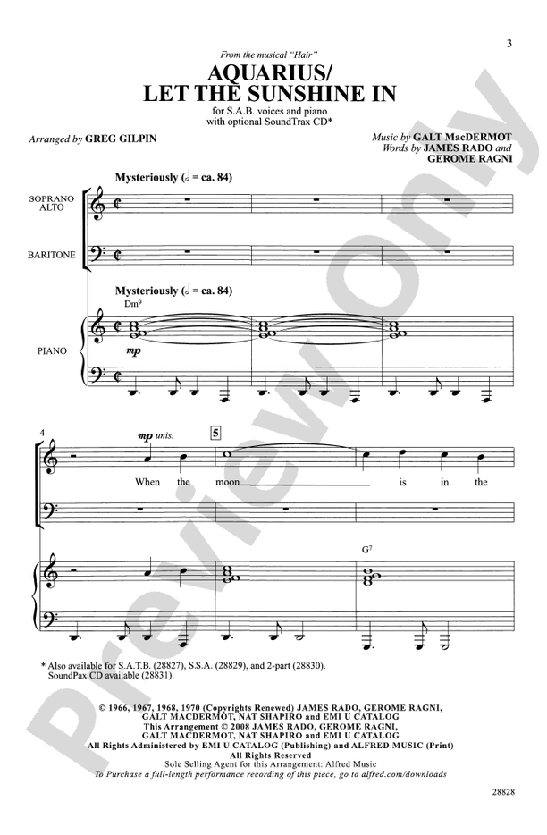 Aquarius / Let the Sunshine In – SAB Choral Octavo (Digital Download)
