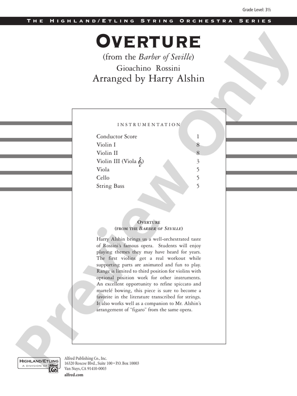 Overture from the Barber of Seville – String Orchestra Conductor Score & Parts (Digital Download)