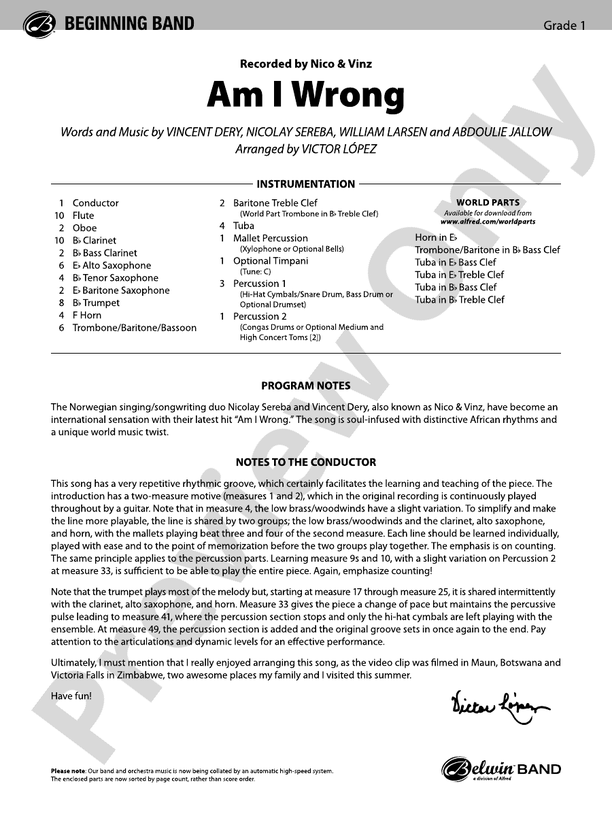 Am I Wrong - Concert Band Conductor Score & Parts (Digital Download)