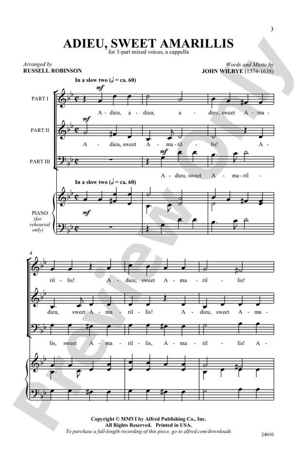 Adieu, Sweet Amarillis (English Madrigal) - 3-Part Mixed, a cappella Choral Octavo (Digital Download)