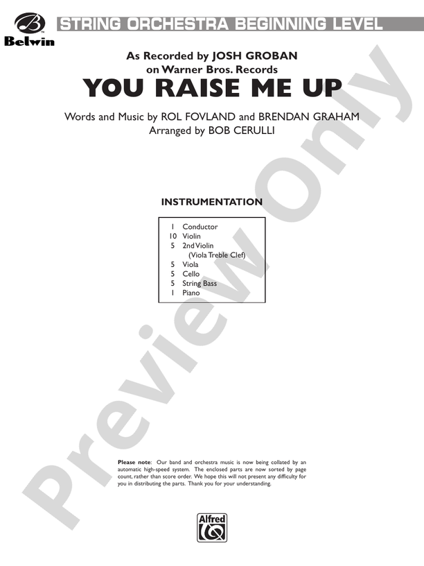 You Raise Me Up (as recorded by Josh Groban) – String Orchestra Conductor Score & Parts (Digital Download)
