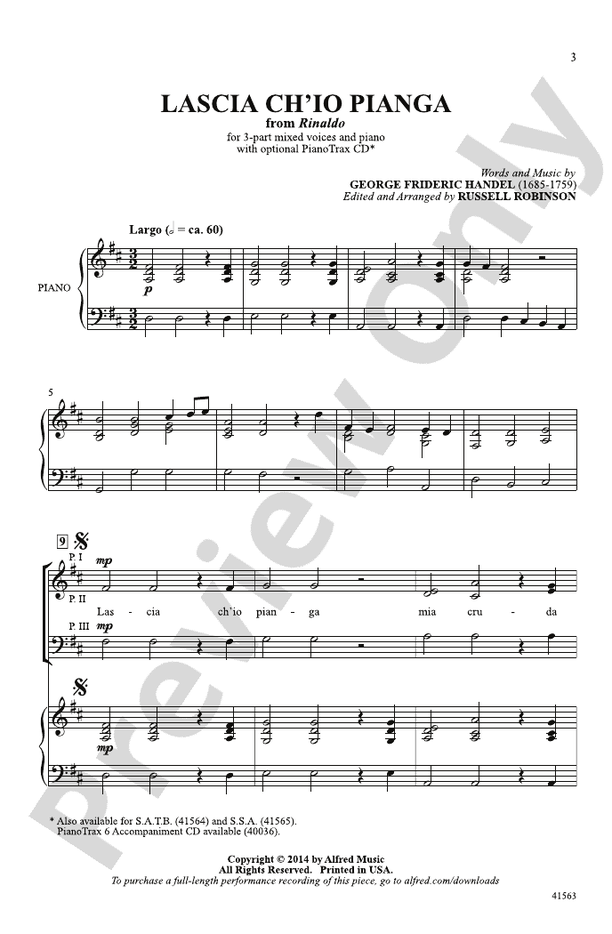 Lascia Ch'io Pianga (from Rinaldo) – 3-Part Mixed Choral Octavo (Digital Download)