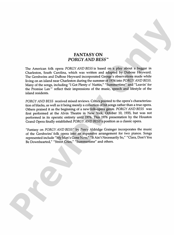 Porgy and Bess Fantasy - 2 Piano, 4 Hands (Digital Download)