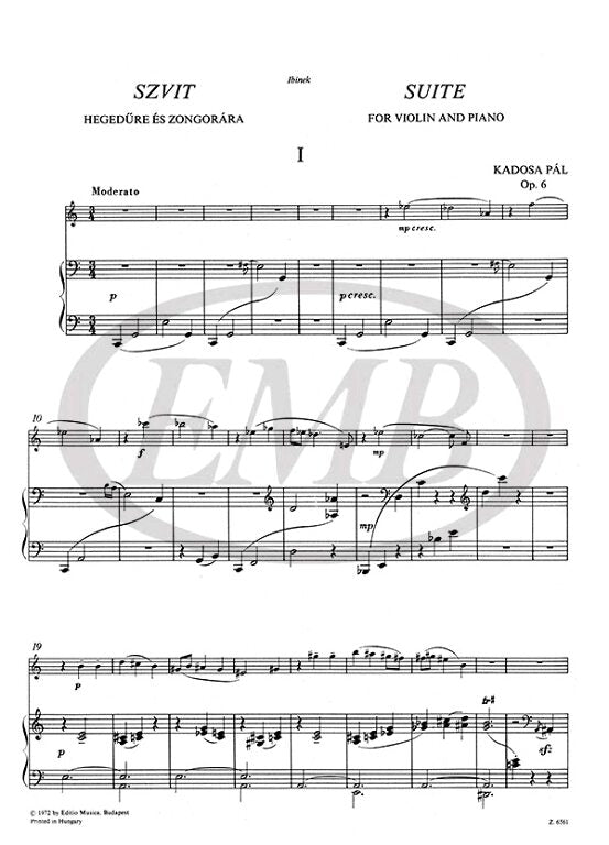 Kadosa - Suite Op6 - Violin/Piano Accompaniment EMB Z6561