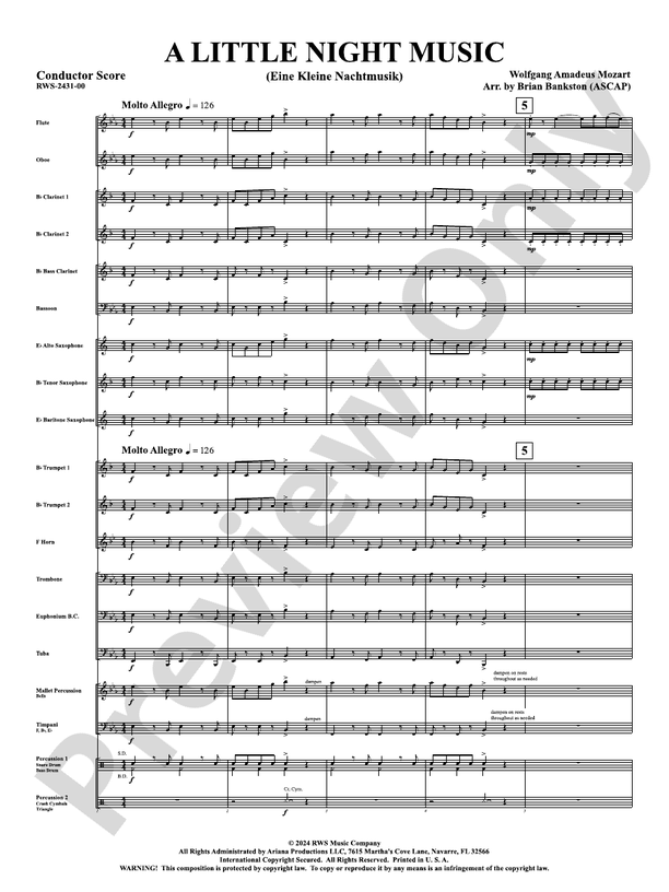 A Little Night Music - (Eine Kleine Nachtmusik) - Concert Band Conductor Score & Parts (Digital Download)