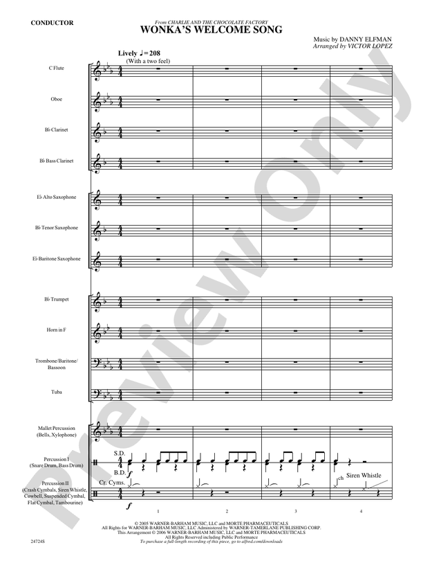 Wonka's Welcome Song (from Charlie and the Chocolate Factory) - Concert Band Conductor Score & Parts (Digital Download)