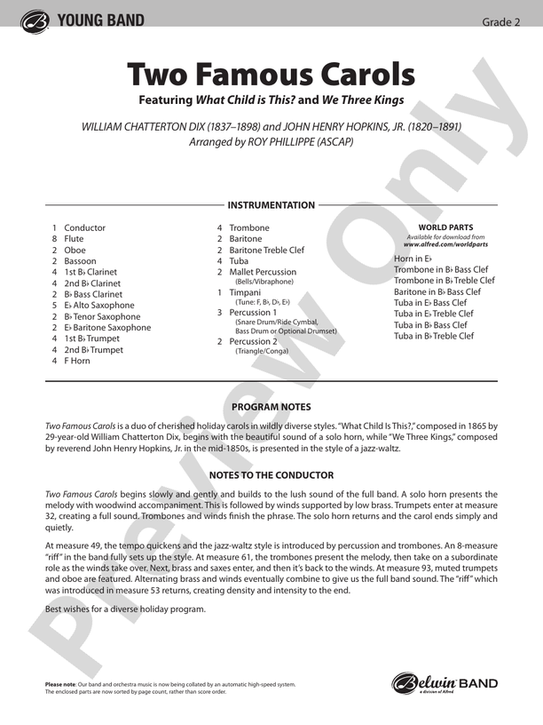 Two Famous Carols - Concert Band Conductor Score & Parts (Digital Download)