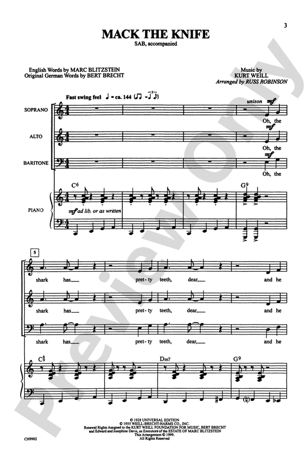 Mack the Knife - Arr. Russell L. Robinson – SAB Choral Octavo (Digital Download)