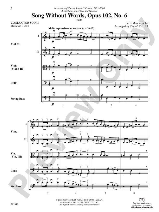 Song Without Words, Opus 102, No. 6 (Faith) – String Orchestra Conductor Score & Parts (Digital Download)