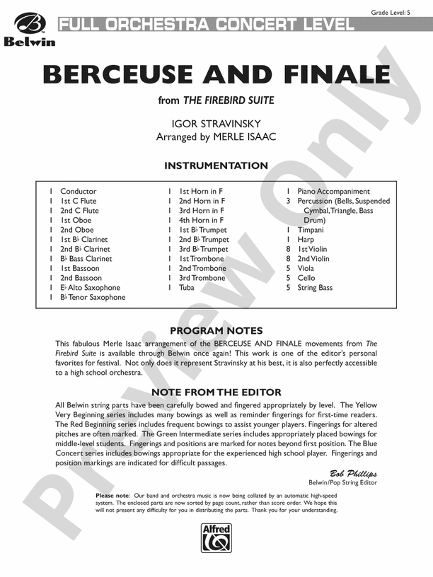 Berceuse and Finale (from the Firebird Suite) – Full Orchestra Conductor Score & Parts (Digital Download)