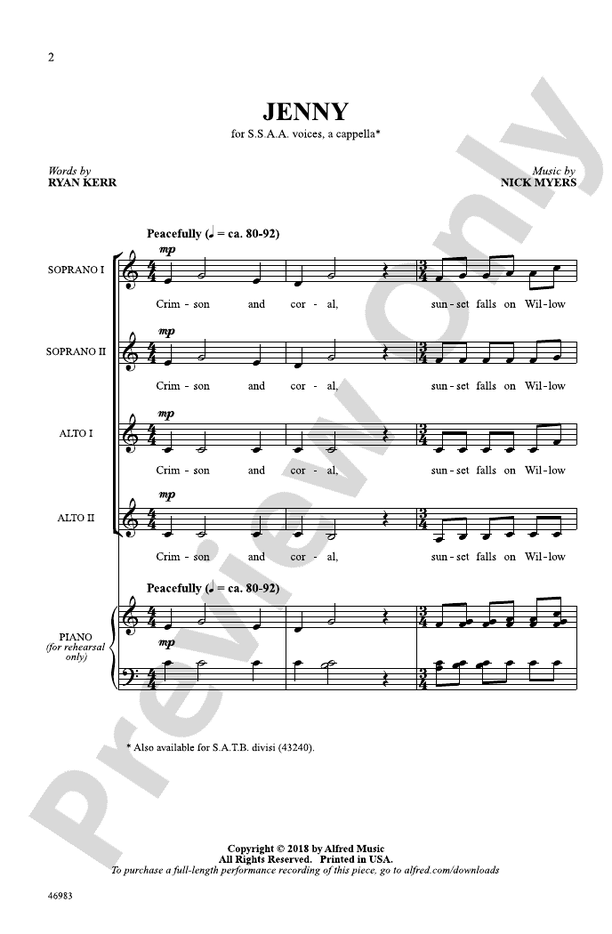 Jenny – SSAA, a cappella Choral Octavo (Digital Download)