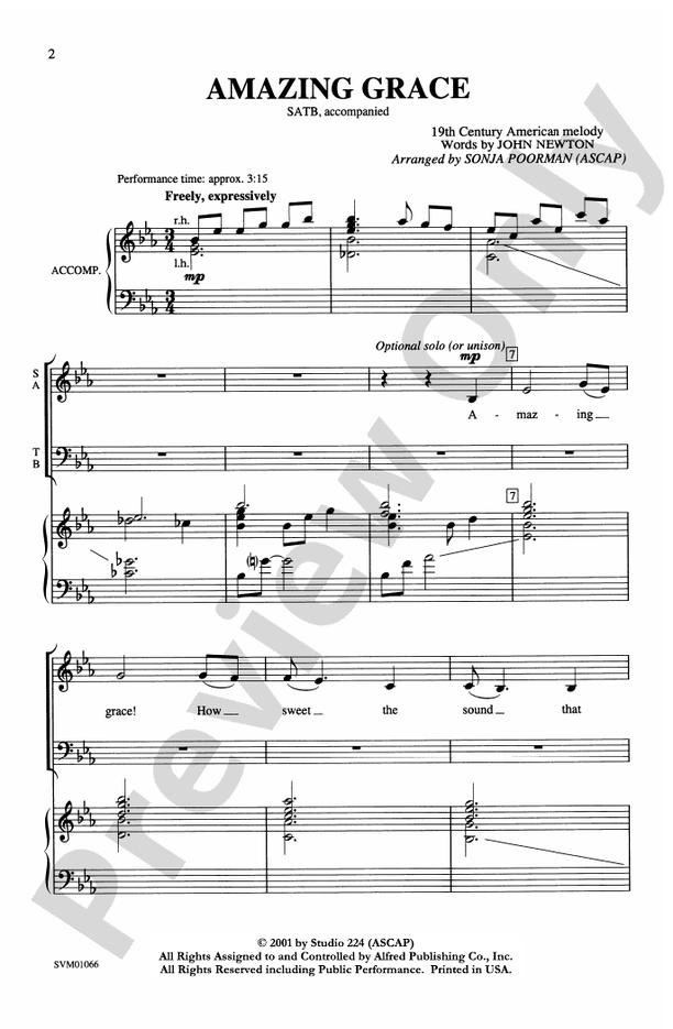 Amazing Grace - Arr. Sonja Poorman - SATB Choral Octavo (Digital Download)