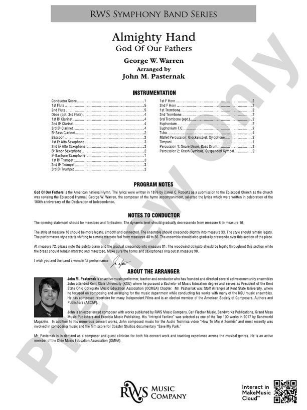 Almighty Hand - God of Our Fathers - Concert Band Conductor Score & Parts (Digital Download)