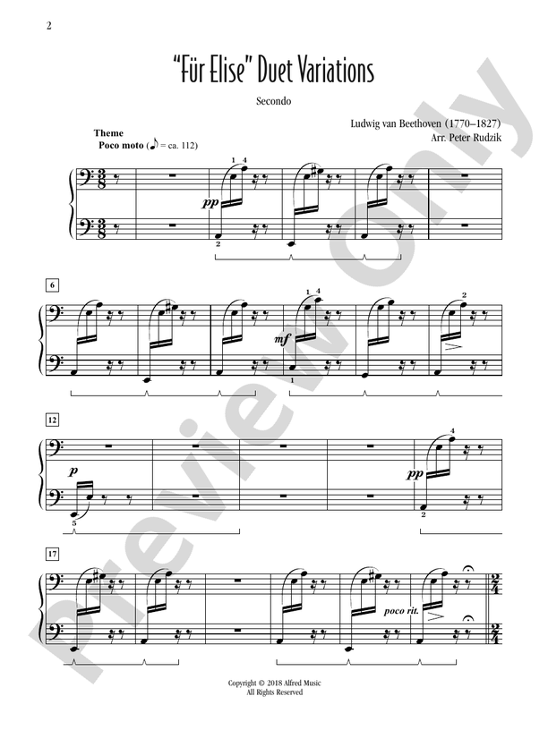 "Fur Elise" Duet Variations - 2 Pianos (Digital Download)