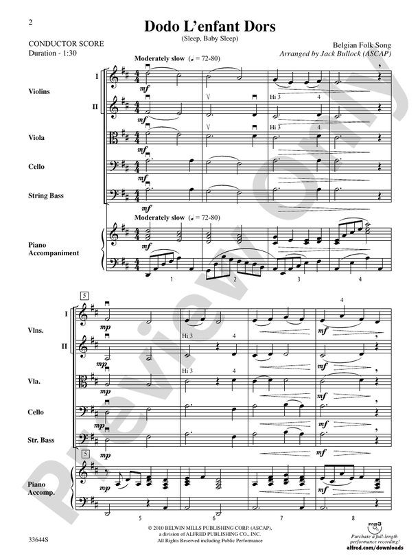 Dodo L'enfant Dors (Sleep, Baby Sleep) – String Orchestra Conductor Score & Parts (Digital Download)
