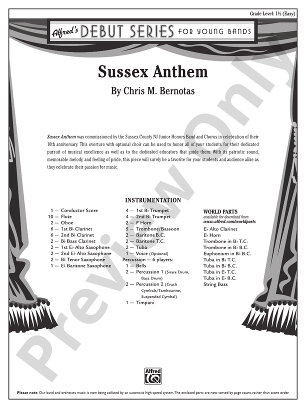 Sussex Anthem - Concert Band Conductor Score & Parts (Digital Download)