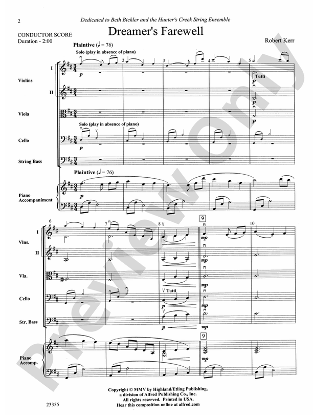 Dreamer's Farewell – String Orchestra Conductor Score & Parts (Digital Download)