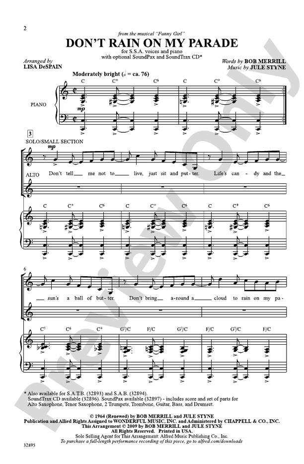 Don't Rain on My Parade (from the musical Funny Girl) – SSA Choral Octavo (Digital Download)