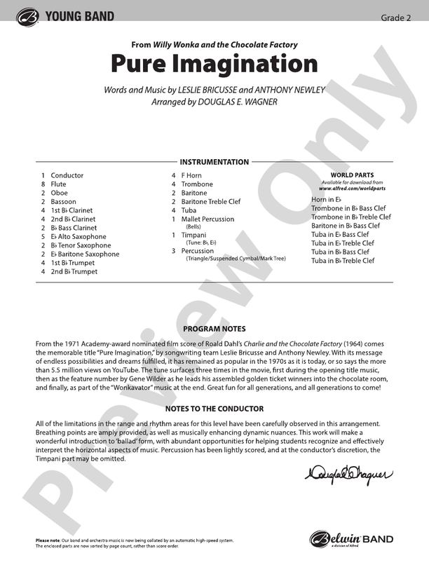 Pure Imagination (from Willy Wonka and the Chocolate Factory) - Concert Band Conductor Score & Parts (Digital Download)