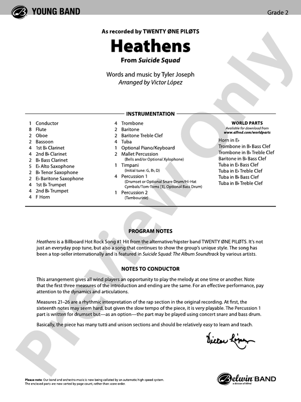Heathens - Concert Band Conductor Score & Parts (Digital Download)
