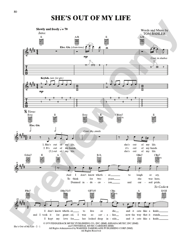 She's Out of My Life - Interm./Easy Guitar TAB (Digital Download)