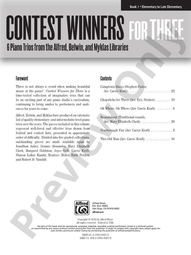 Contest Winners for Three, Book 1: 6 Piano Trios from the Alfred, Belwin, and Myklas Libraries  (Digital Download)