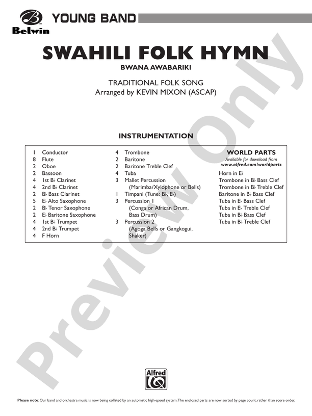 Swahili Folk Hymn (Bwana Awabariki) - Concert Band Conductor Score & Parts (Digital Download)