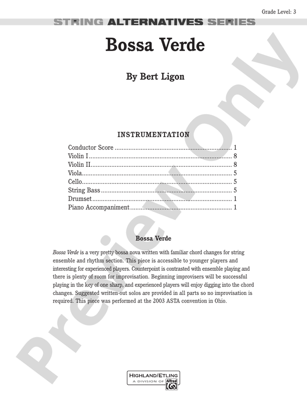 Bossa Verde – String Orchestra Conductor Score & Parts (Digital Download)