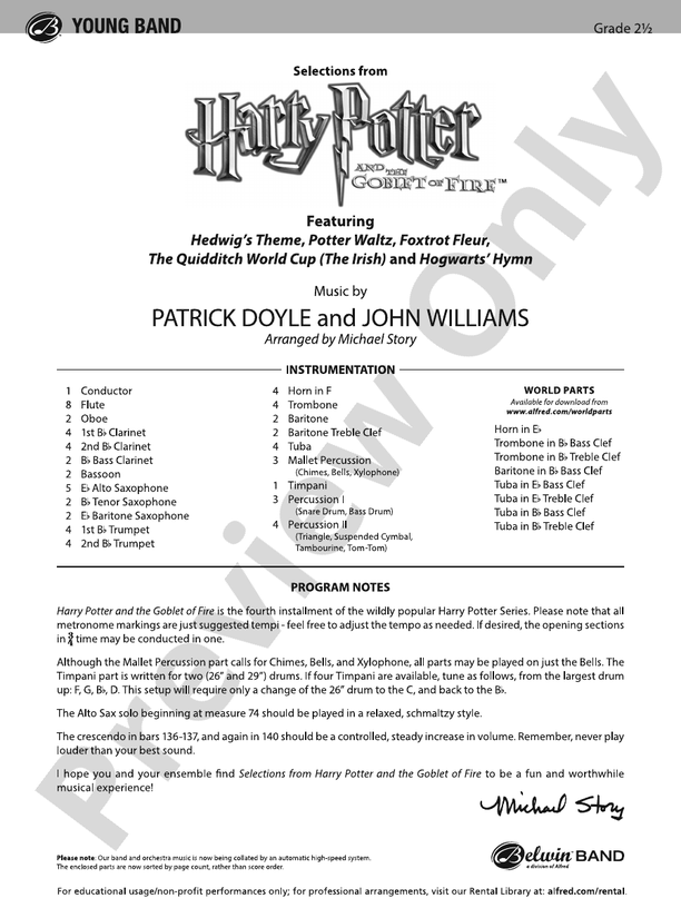 Harry Potter and the Goblet of Fire, Selections from - Concert Band Conductor Score & Parts (Digital Download)