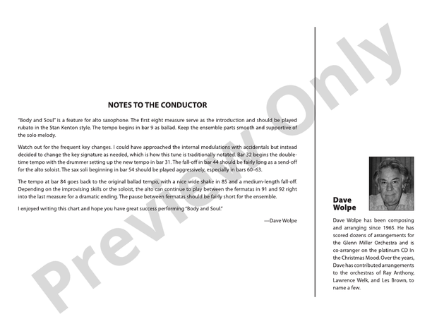 Body and Soul (Grade 4.5) - Jazz Ensemble Conductor Score & Parts(Digital Download)