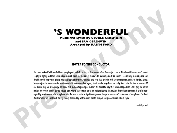 S Wonderful (Arr. Ralph Ford) - Jazz Ensemble Conductor Score & Parts (Digital Download)